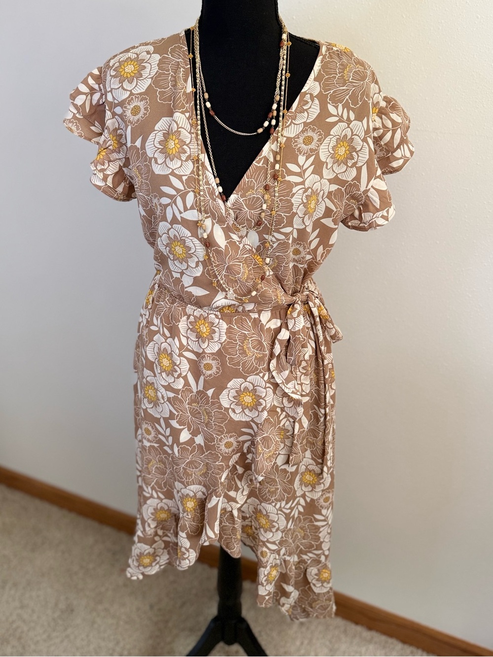 Sienna Sky Floral Wrap Dress Size S Brown Cream Boho Ruffle Mini